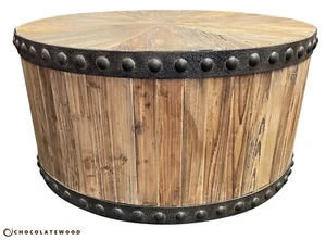 DUNLOE RECYCLED ELM PARQUET DRUM COFFEE TABLE WITH DARK IRON RING - Picture 1 of 7
