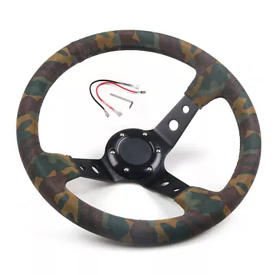 350mm 14inch Deep Dish 92mm 6 Bolt Racing Suede Camo Steering Wheel Horn Button • 65.41€