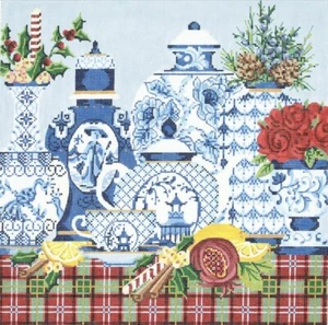 Needlepoint Handpainted Kelly Clark Christmas Tea w/ Stitch Guide - Picture 1 of 4