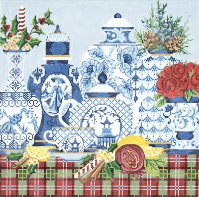 Needlepoint Handpainted Kelly Clark Christmas Tea w/ Stitch Guide - Image 1 of 4