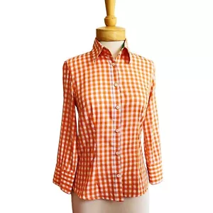 J. McLaughlin Orange Gingham Shirt Blouse Check Button Up Blouse Preppy Sz 2 - Picture 1 of 6