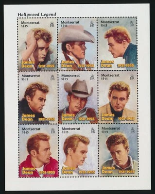 Montserrat Scott #912-13 2 hojas de recuerdo, James Dean centrado en estado bastante bueno (MNH) Foto 1 de 4