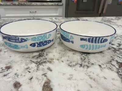 Juego de comida/agua de gres de 5" con diseño de peces azules y acuáticos exclusivos/2 Foto 1 de 4