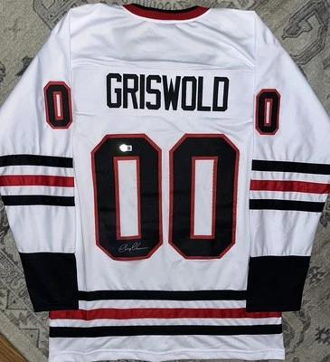 Camiseta deportiva de hockey firmada por Chevy Chase Clark Griswold Blackhawks Beckett certificado de autenticidad Foto 1 de 2