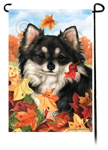 Falling Leaves Garden Flag - Longhaired Black and White Chihuahua - Picture 1 of 1