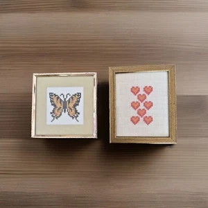 Hearts 5x6 and Butterflies 5x5 Pair of Small Cross Stitch Pattern Framed Artwork - Picture 1 of 6
