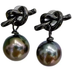 stunning 10-11mm tahitian round black green pearl dangle earring 925s(sx) - Picture 1 of 3