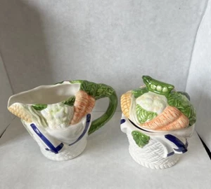 Creamer & Sugar Set Basket Weave Vegetables Farm House Country Kitchen Chic - Picture 1 of 17