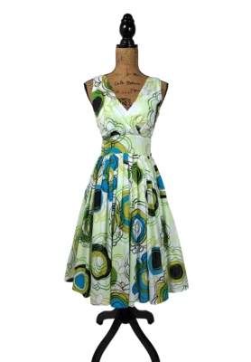 Vestido para mujer Aryeh S verde geométrico cuello en V calce y acampanado sin mangas algodón retro Foto 1 de 4