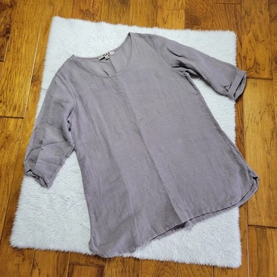 Camisa Top Túnica Lino Algodón Para Mujer Gris Medio Púrpura Lagenlook Artística Foto 1 de 4