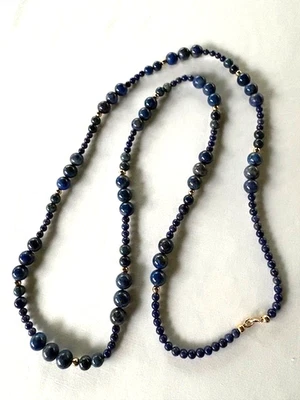 复古 32 英寸 Lapis 串珠项链带 14K 金珠 — 第 1/4 张图片