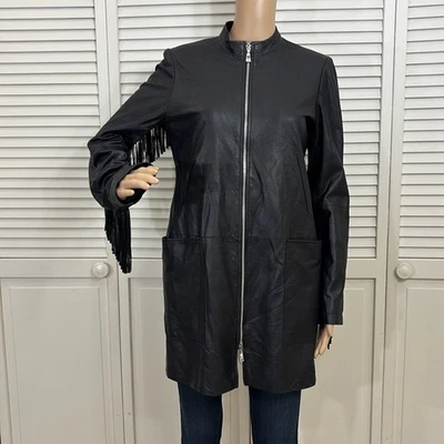 Chaqueta con flecos de cuero genuino para mujer Dawn Levy cremallera completa forrada negra pequeña Foto 1 de 4