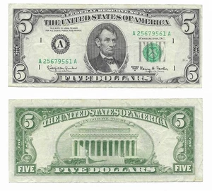 1963 A $5 dollar bill US Federal Reserve note one five dollars circulated - Picture 1 of 1