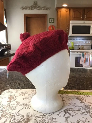 VTG HAND KNIT CROCHETED FRENCH BERET HAT TAM JALEN HURTS KANGOL STYLE BURGUNY - Image 1 of 4