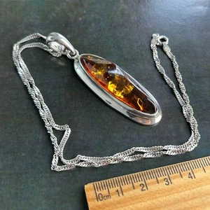 Vintage STERLING SILVER 925 Large Amber Pendant Chain Necklace Statement 17.9" - Picture 1 of 13