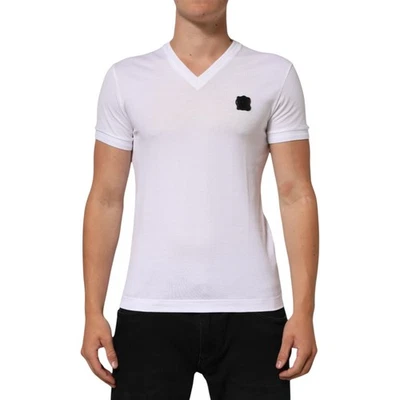DOLCE & GABBANA T-shirt White Cotton Logo Patch V-neck Tee IT44/US34/XS - Image 1 of 4