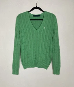 Ralph Lauren Sport Women’s Green Cable-Knit Jumper Large L V-Neck Sweater Logo - Picture 1 of 11