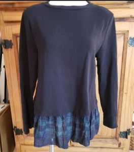 Prenda para el torso de mujer Ann Taylor LOFT talla L negra manga larga con dobladillo verde a cuadros con volantes - Imagen 1 de 4