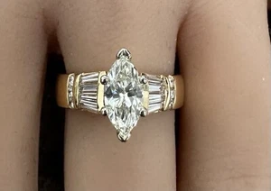 Anillo de oro amarillo/blanco de 18 k 1,39 quilates twt marquesa natural, baguette y diamantes redondos - Imagen 1 de 11