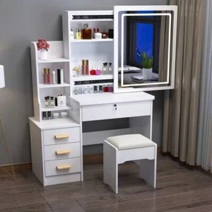 Weißer Schminktisch Schminktisch mit LED-Spiegel 4Schubladen Hocker Schlafzimmer - Bild 1 von 16