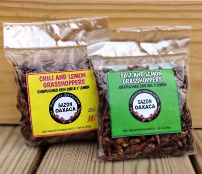 Chapulines Sal y Limon y Chile y Limon Grasshoppers Gourmet from Oaxaca Mex 30g