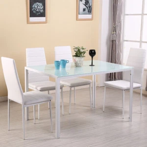 Modern White Tempered Glass Top Dining Table 4/6 Chairs Bistro Kitchen Set Metal - Picture 1 of 15