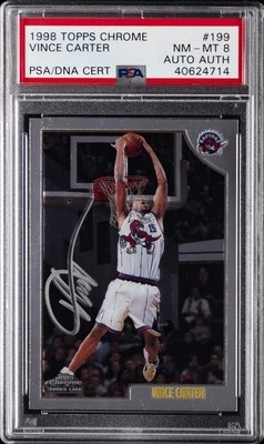 1998 TOPPS CHROME #199 VINCE CARTER ROOKIE RC PSA 8 AUTO AUTHENTIC - Image 1 of 2