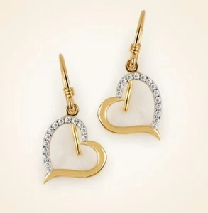 Genuine Diamond Heart Shaped Hook Earrings Solid 14K Yellow Gold Fine Jewelry. - Picture 1 of 12