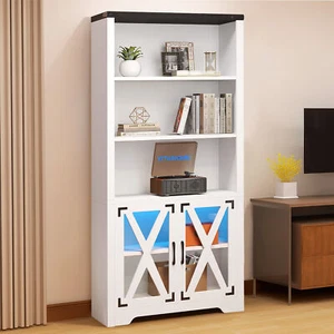 69" Storage Cabinet with LED Light 5 Tier Bookshelf Bookcase with Acrylic Doors - Picture 1 of 9