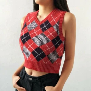 Damen Strick Weste Weste Tank Crop Top Ärmellos Argyle Retro Freizeit - Bild 1 von 18