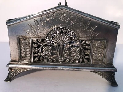 Antigua caja de baratijas de joyería placa de plata muy ornamentada del siglo XIX Rogers Smith Foto 1 de 4