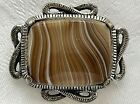 Miracle Signed Celtic Brooch Silvertone & Banded Agate Glass Cabochon  c.1970s