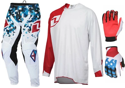 KIT COMBO PANTALONES JERSEY GUANTES ONE INDUSTRIES 661 MOTOCROSS BLANCO ROJO AZUL GASGAS Foto 1 de 4