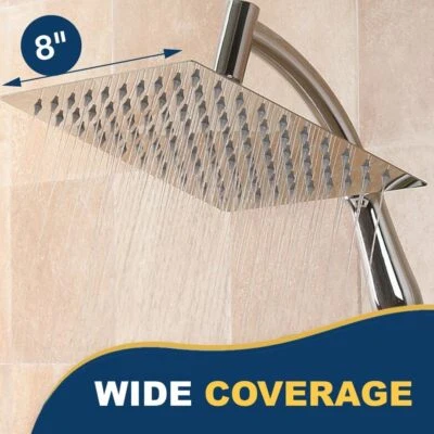 8" Large Square Shower Head Chrome Stainless Steel Rainfall Overhead Bathroom UK