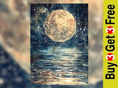 Radiant Full Moon 5"x7" impressão em papel fosco | Cena aquarela celestial - Imagem 1 de 4