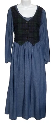Maxi Vestido Vaquero Vintage Talla 14 Adjunto Cuadros Pana Chaleco Atado Espalda Modesto Foto 1 de 4