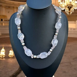 Klare Eisquarz Edelstein & Perle Perlen Halskette Sterlingsilber 925 Verschluss - Bild 1 von 5