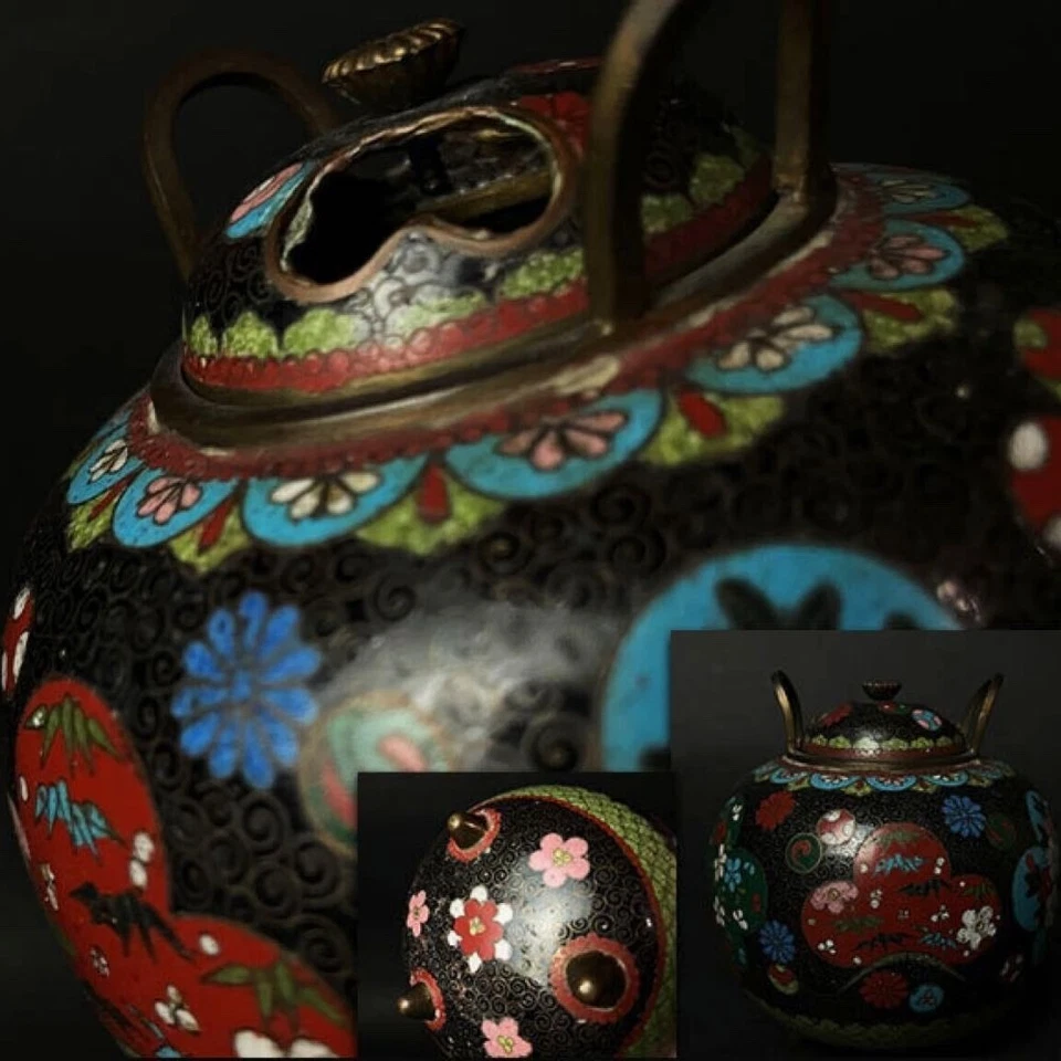 Quemador de incienso de tres patas con motivo de flor arabesca cloisonné cobre Meiji Foto 1 de 4