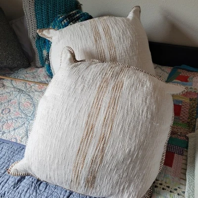 Two Pottery Barn Pillows White with Tan Stripes New Without Tags 20x20 - Image 1 of 4