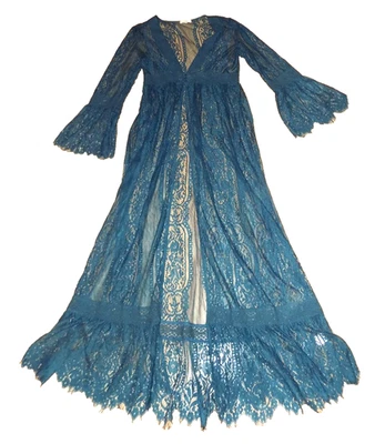 New M 6 IN LOOM dark Green LACE Gown MAXI DUSTER Kimono coat dress fairy gypsy - Image 1 of 4