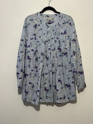 Blusa Top Campesina Woman Within 2X 26/28 Azul Floral Manga Larga Algodón Foto 1 de 4