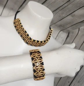 Vintage Boho Resin Bead Choker & Stretch Bracelet Set Black Glass Tribal Style - Picture 1 of 12