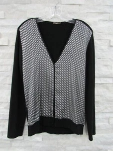 J. McLaughlin Black Gray Silk Front Geometric Cotton Stretch Knit Cardigan L - Picture 1 of 6