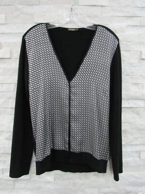 J. McLaughlin Black Gray Silk Front Geometric Cotton Stretch Knit Cardigan L - Image 1 of 4