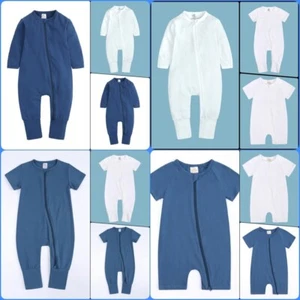 12pcs BABY ROMPER-SLEEPER Long Short Sleeve Double Zip Cotton Blue White 3-24m - Picture 1 of 28
