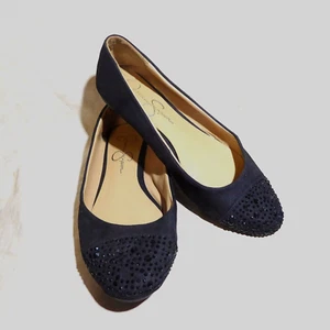 🩰 Jessica Simpson Ballet Flats sz 9 M Black Suede Leatherette; Jeweled Details - Picture 1 of 14