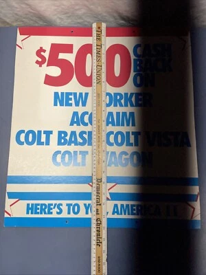Rare vintage 1988 Plymouth Dealer Sign Acclaim Colt New Yorker Heavy Cardboard - Image 1 of 3
