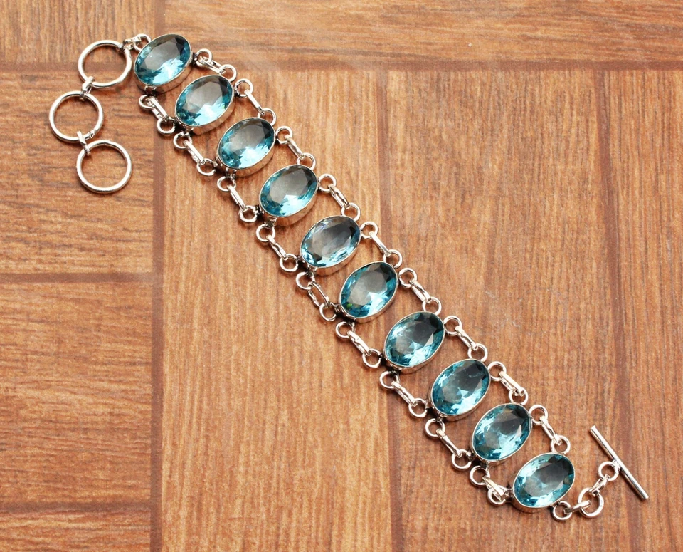 Ювелирный браслет ручной работы из стерлингового серебра 925 пробы с голубым топазом швейцарский размер 7-8 дюймов - Изображение 1 из 1