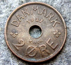 DENMARK CHRISTIAN X 1927 HCN GJ 2 ORE, BRONZE - Picture 1 of 4