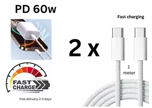 2x Type-C to Type-C PD 60W Braided Fast Charger Cables for iPhone & Samsung - Picture 1 of 6